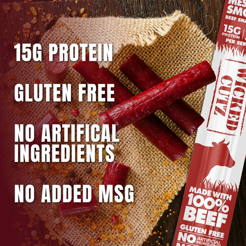 15g (12 Pack) Smoked Mesquite Beef Sticks, Protein Per Beef Stick, Tender & Juicy Extra Large Meat Stick, USA Made High