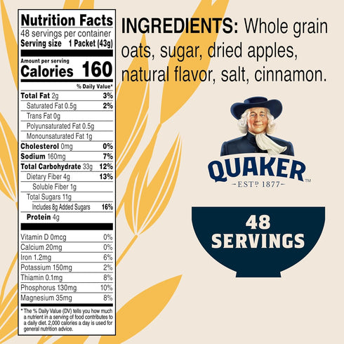 Packets (48 Count 1.51 oz Packets), 72.48 oz Quaker Instant Oatmeal, Apples and Cinnamon, Individual