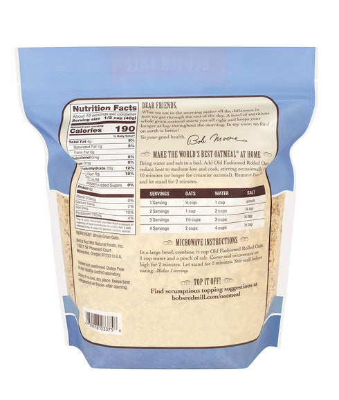 32oz (Pack 4) Bob's Red Mill Gluten Free Old Fashioned Rolled Oats, of - Non GMO, Whole Grain, Vegan, Kosher