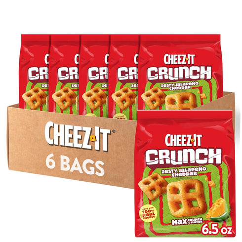 Cheez-It Crunch Cheesy Baked Snacks, Lunch Snacks, Zesty Jalapeno Cheddar (6 Bags)