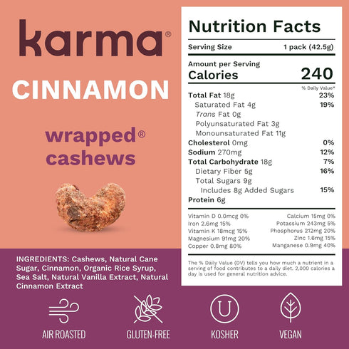 1.5 (12 Packs) Cinnamon Cashews with Skin by Karma Nuts, Whole, Sweet, Roasted, Vegan, Gluten Free, Low Net Carb