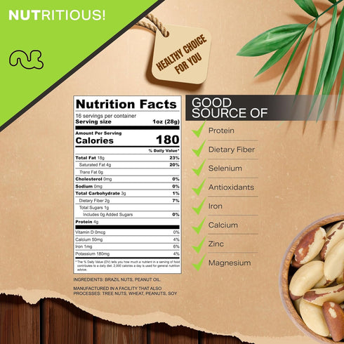 (16oz 1 LB) Packed NUT CRAVINGS - Brazil Nuts Roasted & Unsalted - No Shell, Whole - Fresh in Resealable Bag - Healthy