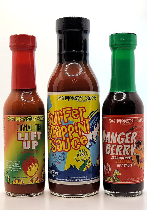 Sea Monster Sauces Sampler - 1 Bottle Surfer Slappin! Sauce - 1 Bottle Danger Berry