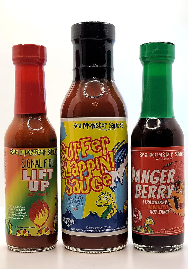Sea Monster Sauces Sampler - 1 Bottle Surfer Slappin! Sauce - 1 Bottle Danger Berry