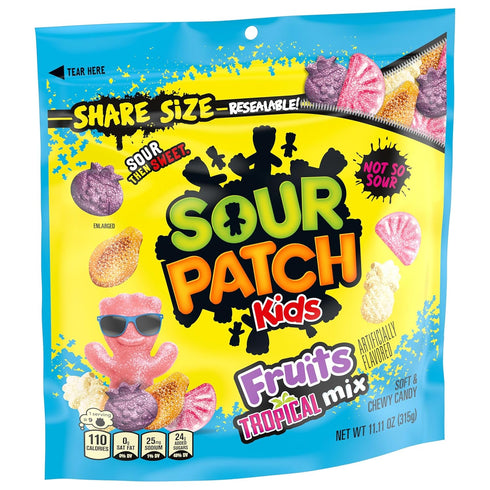 Gummy 11.11 oz SOUR PATCH KIDS Fruits Tropical Mix Soft & Chewy Candy, Share Size