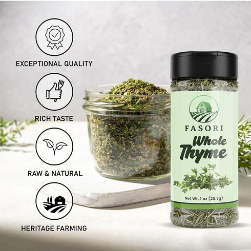 (1oz) Fasori Thyme Leaves Premium Dried Whole Thyme Herb, Aromatic Mediterranean Spice for Cooking, Roasts, Chicken