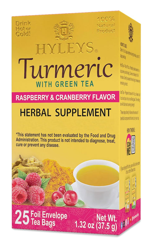 Hyleys Turmeric Tea - Raspberry & Cranberry Flavors, 25 Tea Bags - Wellness Herbal Supplement Green Tea