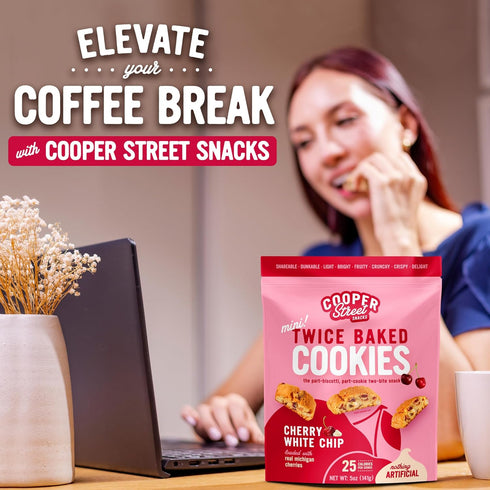 Cooper Street Twice Baked Cherry White Chip Biscotti Cookies - Light and Crispy Coffee Cookie Bites, 5oz