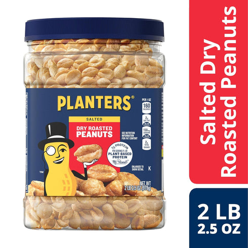34.5 oz (Pack 6) PLANTERS Dry Roasted Peanuts, Resealable Plastic Jars of - Peanuts with Sea Salt - Peanut Snacks