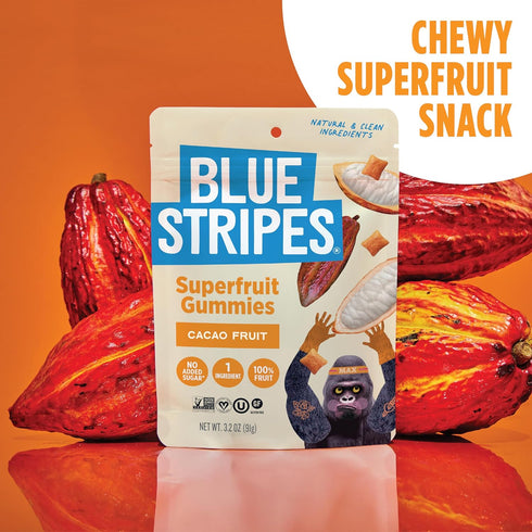 Gummies 100% Gummy, 9 3.2 oz (2 Pack) Blue Stripes Cacao Superfruit - Vegan Chewy Fruity Snack, No Sugar Added Fruit
