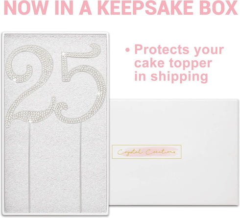 25 Cake Topper - Premium Silver Metal - 25th Birthday or Anniversary Party Sparkly Rhinestone Decoration in Box