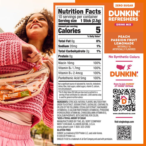 packets, Lemonade,10 packets Dunkin Zero Sugar Refreshers Singles To Go! Powdered drink mix Peach Passionfruit per box