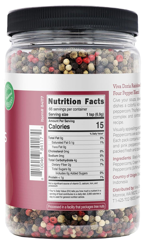 16 Oz, Viva Doria Rainbow Blend Peppercorn, Steam Sterilized Whole Black/Green Pepper, Whole Pink/White Pepper