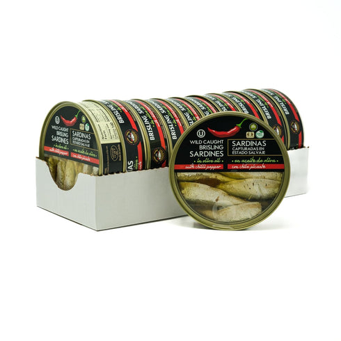 (pack 10), Packed, Omega-3, 5.6 oz Grilled Catch Wild-Caught Baltic Brisling Sardines (Sprats) in Olive Oil with Chili