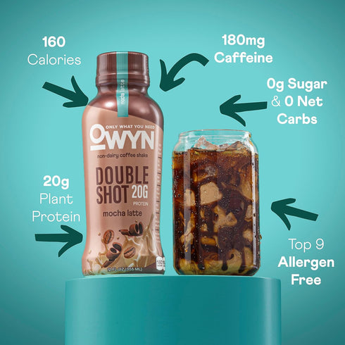 20g 0g 3g 180mg 12 OWYN Only What You Need Double Shot Mocha Latte, Vanilla Latte and Caramel Macchiato Flavored