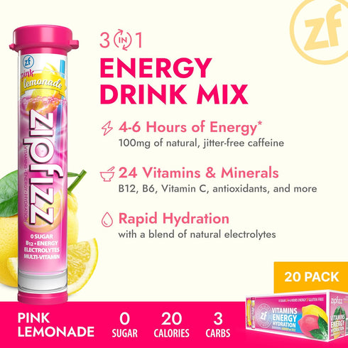 Zipfizz Daily Energy Drink Powder, Pink Lemonade, 12 Pack | Sugar-Free Electrolyte Powder