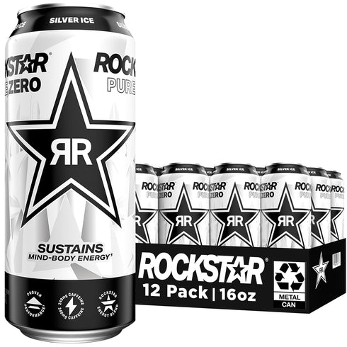 Rockstar Pure Zero Energy Drink, Silver Ice, 0 Sugar, with Caffeine and
