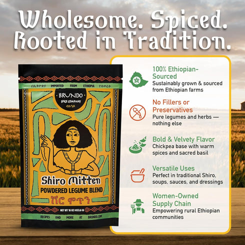 1lb/16oz Brundo Spice Company Ethiopian Shiro Mitten Spicy Chickpea (Shimbera) Legume Blend Imported from Ethiopia