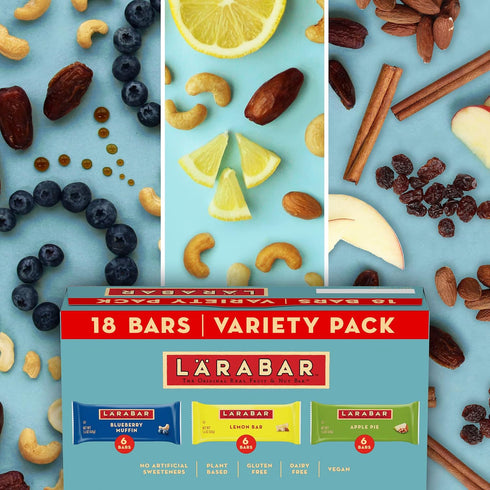 Pack 18 Count (1.6 oz LARABAR Fruit & Nut Bars Variety Each), Blueberry Muffin Lemon Apple Pie, Vegan Gluten Free Dairy
