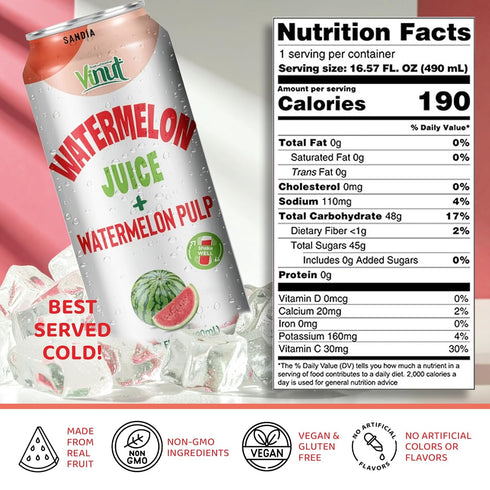(16.57 oz, Pack 12) Vinut Natural Watermelon Juice Drink with Pulp, fl of Real Watermelon Juice, No Sugar Added, Gluten