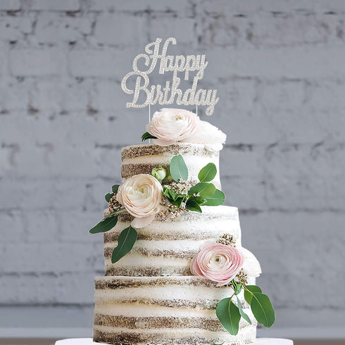 Happy Birthday Cake Topper - Premium Silver Metal, Sparkly Rhinestone Decoration for Party Centerpiece, Now Protected