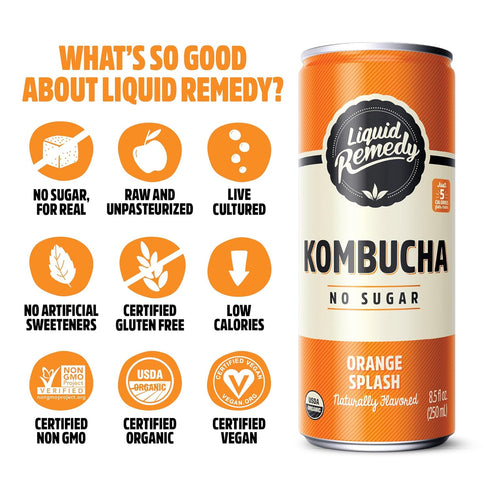 8.5 Oz 24-Pack Liquid Remedy Kombucha Sugar Free Organic Drink, Low Calorie, Probiotic Like Tea for Gut Health - Orange