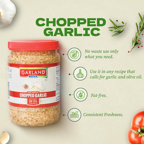 (32 oz) Garland Food Chopped Garlic in Jar - Convenient Garlic Chopped in Water for Cooking, Time-Saving Prep