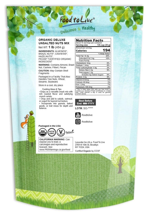 1 Food to Live Organic Deluxe Unsalted Nuts Mix, Pound A Blend of Dry Roasted Organic Raw Pecans, Cashews, Hazelnuts