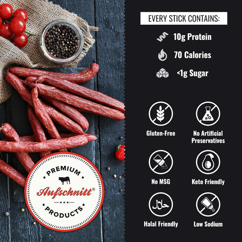 Aufschnitt Grass Fed Beef Jerky Sticks, Low Sodium, Certified Kosher, 6 Pack, Pepper