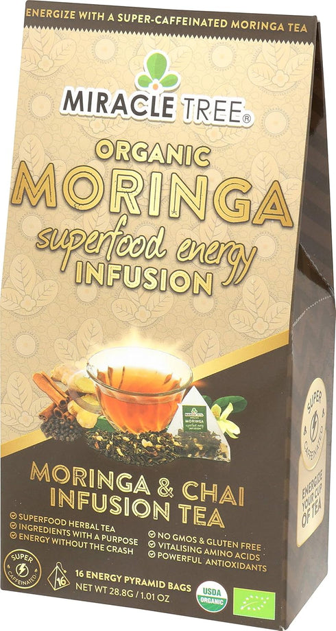 Miracle Tree's Energizing Moringa Infusion - Chai | Organic Certified & Non-GMO | 16 Pyramid Sachets, Healthy Coffee