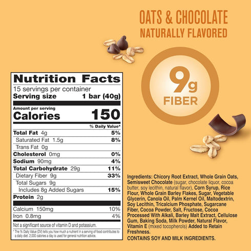 Pack, 15 21.2 oz Fiber One Chewy Bars, Oats and Chocolate, Fiber Snacks, Mega Ct