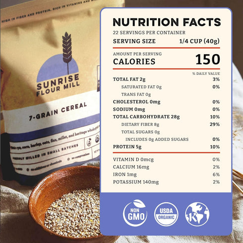 7-Grain 32 oz 5 Sunrise Flour Mill USDA Organic Heritage Hot Cereal Mix - | Great Source of Fiber and Nutrients | Sugar