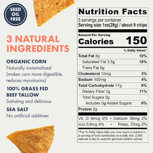 2pk5 oz MASA Chips Corn Tortilla Chips Cooked in Beef Tallow Seed Oil Free Snack, each Handmade with Only Naturally