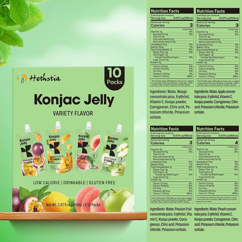 10 Pack(Peach, 10-Pack Hethstia Konjac Jelly Mango, Passion Fruit, Green Apple) and Konjac Jelly Peach Flavor Drinkable
