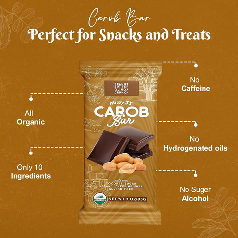 3 6 Pack Missy J's Organic Peanut Butter Carob Bar Ounce Made with Coconut Sugar, Vegan, Gluten and Caffeine Free