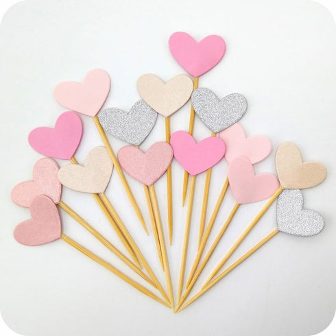 Cupcake Toppers 30Pcs Set, GUCUJI Funny Pink Heart DIY Glitter Mini Birthday Cake Decorations