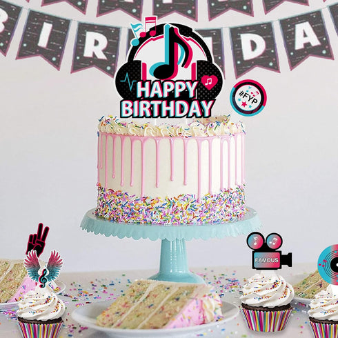 25Pcs Tik Happy Birthday Cake Toppers - Musical Tik Cupcake Toppers for Girl's Karaoke Themed Party Supplies, Music