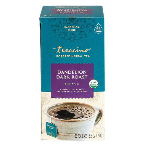 Teeccino Dandelion Herbal Tea, Dark Roast, 25 Tea Bags, Caffeine Free, Prebiotic