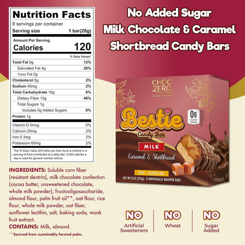 (8 Count ChocZero Milk Chocolate Caramel & Shortbread Candy Bars No Added Sugar, High Fiber, Gluten Free, Keto Friendly