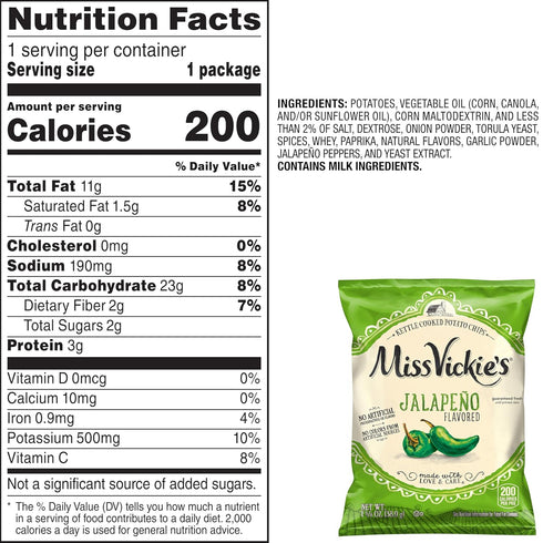 1.375 (Pack 28) Miss Vickie's Kettle Cooked Potato Chips, Jalapeno, Ounce