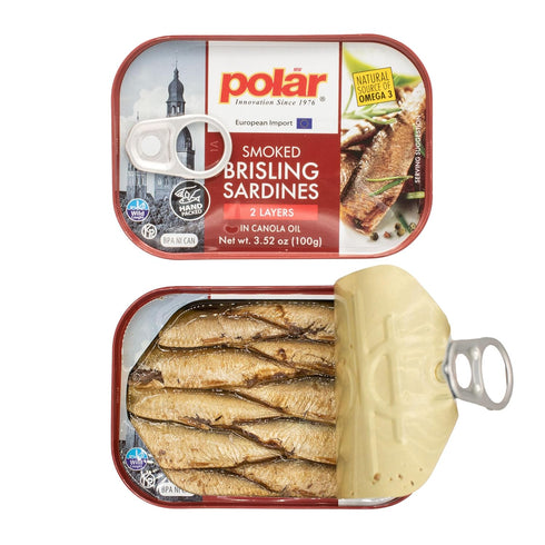 3.52 oz (Pack 1) MW Polar Smoked Brisling Sardines in Canola Oil, Can, Wild Caught