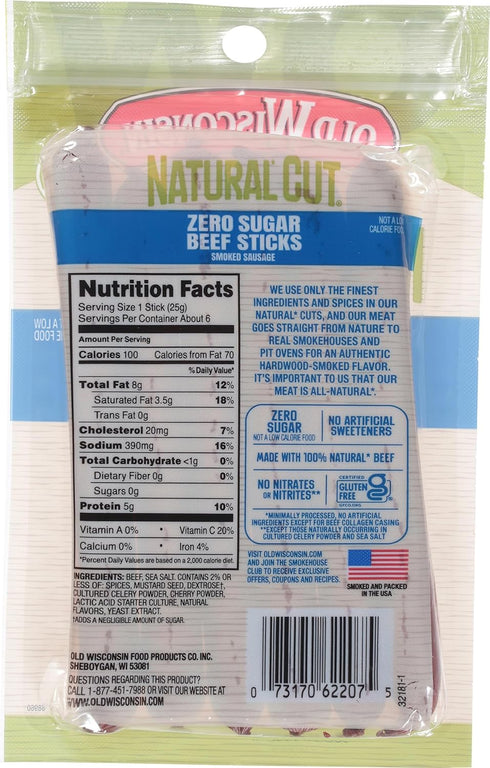 5 (Pack 5) Old Wisconsin Natural Cut Beef Sausage Snack Sticks, Zero Sugar, Naturally Smoked, Ready to Eat, High