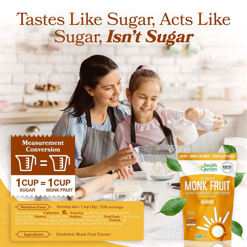 76 oz 1:1 Health Garden Monk Fruit Sweetener, Classic Sugar Substitute Bag Monk Fruit Sugar Substitute with Erythritol
