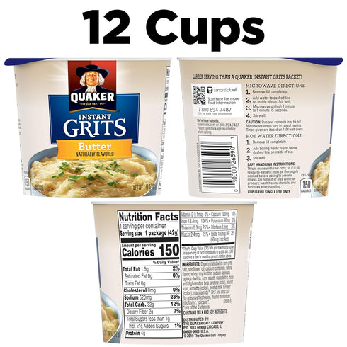 1.48 (Pack 12) Quaker Instant Grits, Butter Flavor, Breakfast Cereal Ounce
