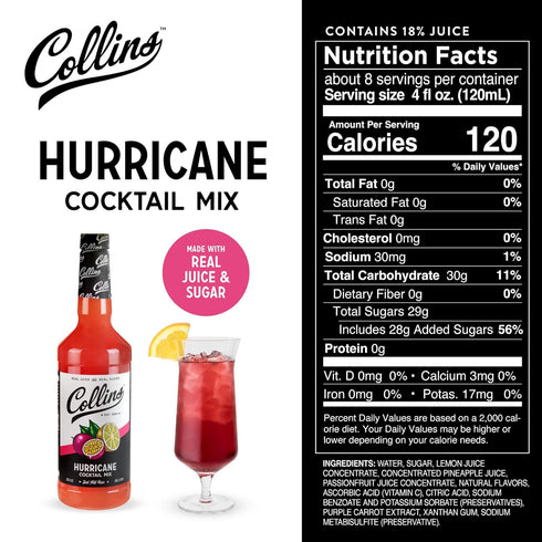 32 oz Collins Hurricane Mix, New Orleans Mardi Gras Cocktail MIxer, Made with Real Passion Fruit, Pineapple and Lemon