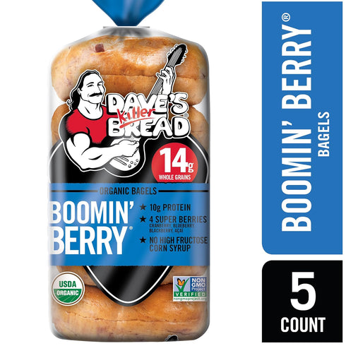 5 Count Daves Killer Bread Boomin Berry Bagels, Cranberry, Blueberry, Blackberry and Acai Bagels