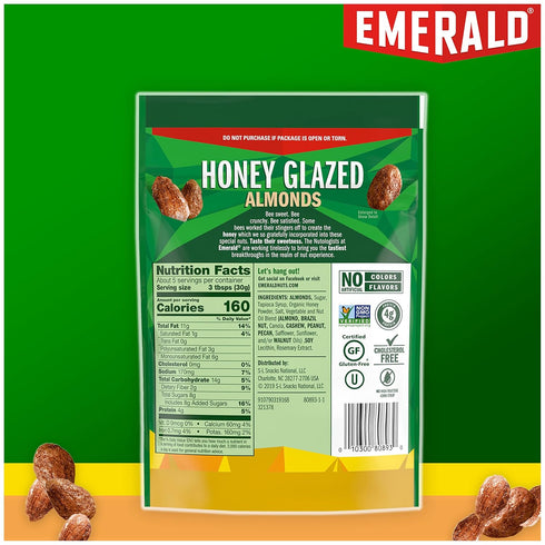 (1-Pack), 5.5oz Emerald Nuts Honey Glazed Almonds Resealable Bag, Kosher Dairy Certified, Non-GMO, Contains No