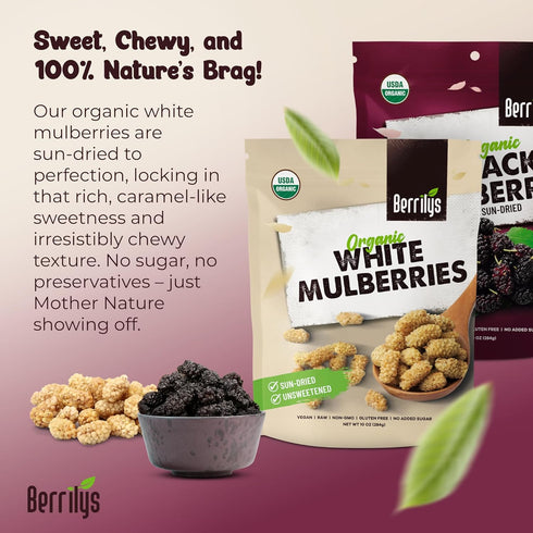 Mulberries 2 Pack Berrilys Organic Dried White & Black - Sun-Dried - Homemade Recipes - Chewy Fruit - Ideal for Snacks