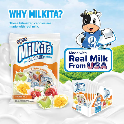 Milkita The Real Milk Lollipop Bag - Gluten Free Chewy Candies with Calcium, 10 Pcs (Strawberry, Honeydew, Mango)