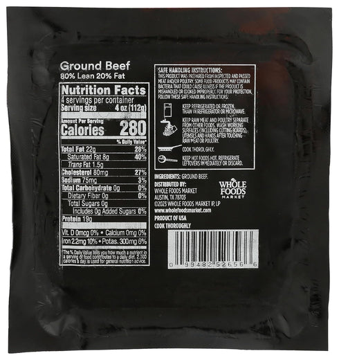 365 by Whole Foods Market 80% Lean/20% 16 OZ Ground Beef Fat